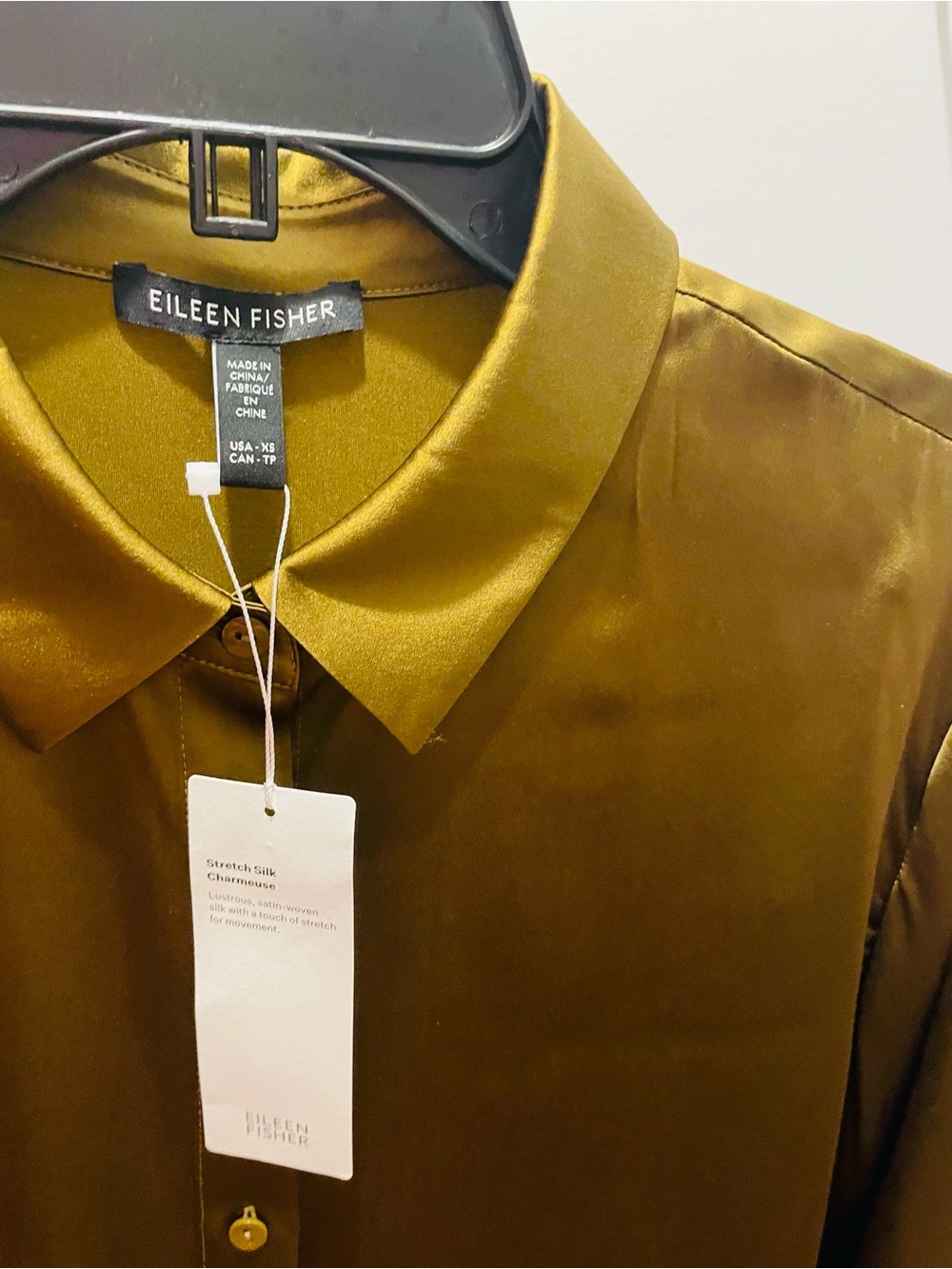 EILLEN FISHER GOLD LEAF color  Silk Charmeuse Shirt Size XS. NWT - Picture 3 of 5